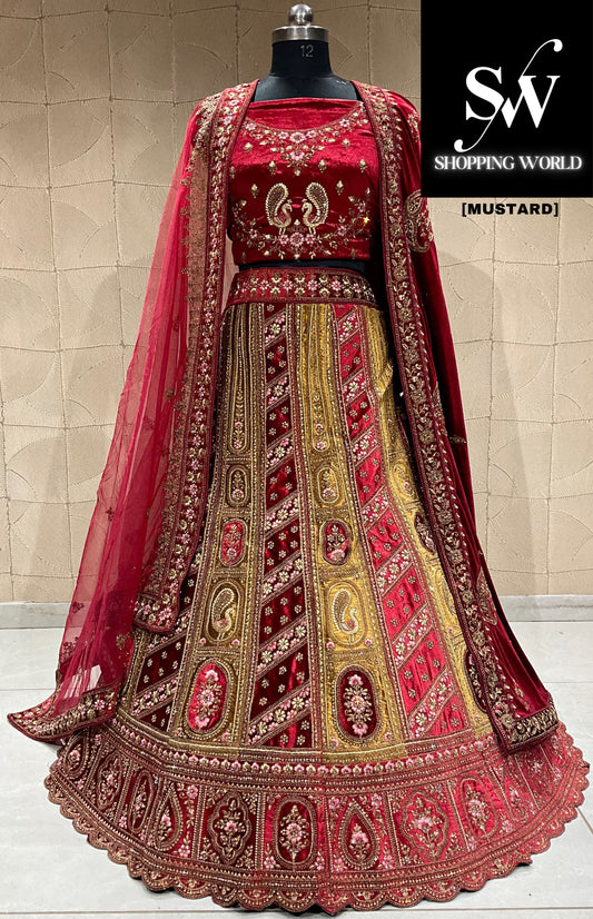 Hermosa lehenga de novia con doble capa color mostaza y granate