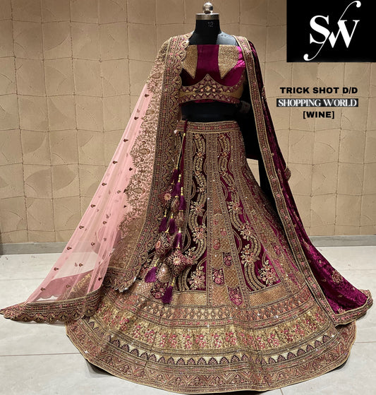 Lehenga nupcial de dos piezas en color burdeos y vino tinto decente