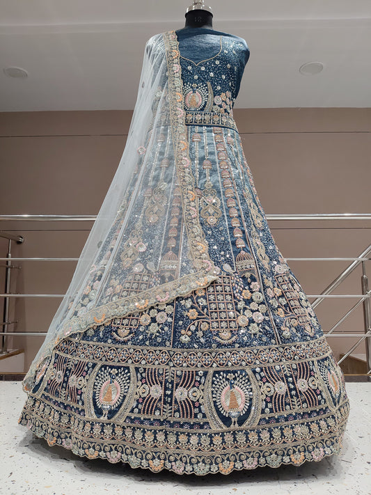 Preciosa lehenga de pavo real azul verdoso