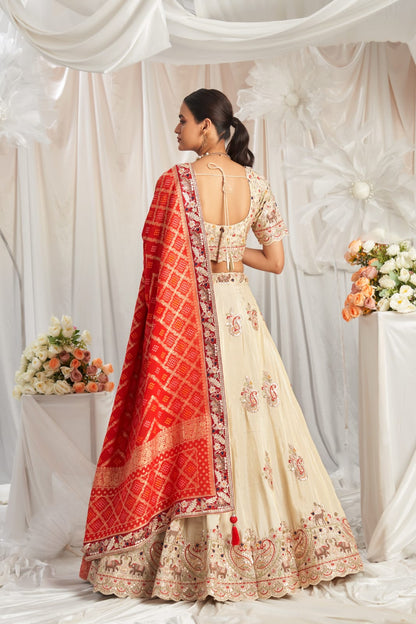 Royal white Red dupatta Lehenga