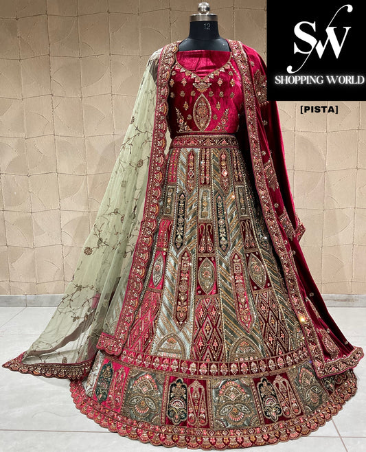 Gorgeous maroon pista green double duptta bridal lehenga