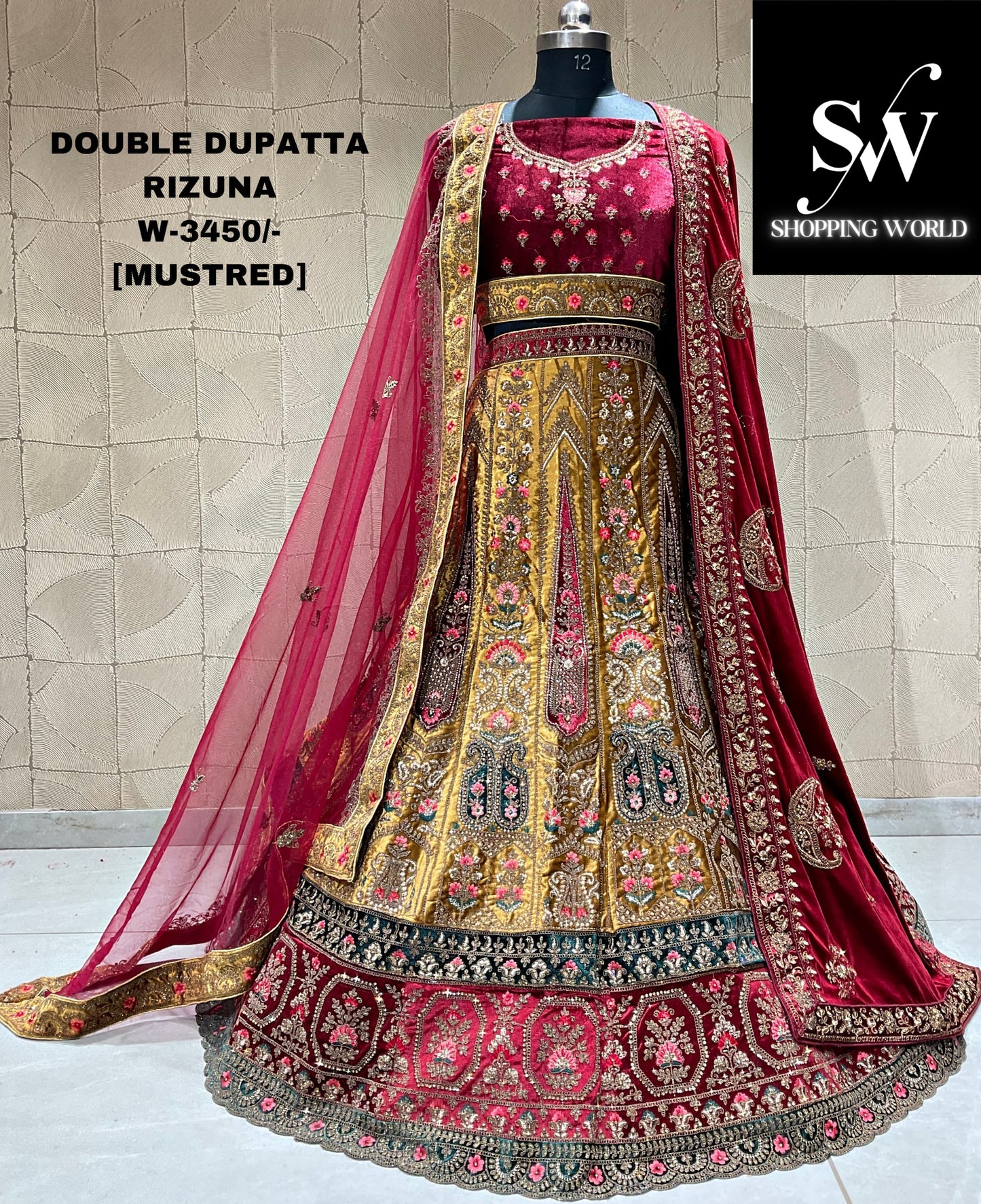 Astonishing maroon mustard double duptta bridal lehenga