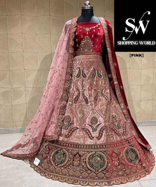 Lehenga de novia de diseño en color rosa granate y doble duptta