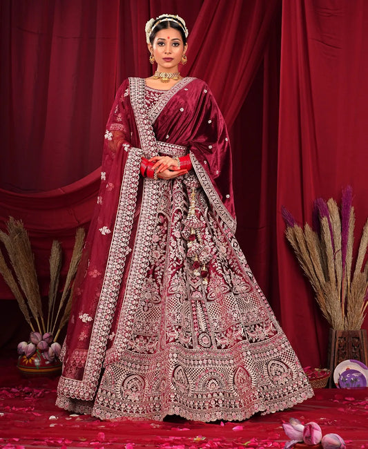 Tremendous maroon double duptta bridal Lehenga