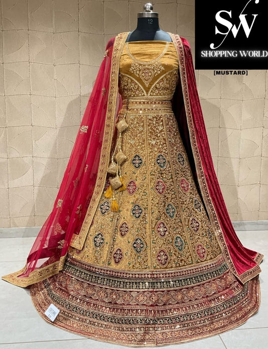 Eye catching mustard double duptta bridal lehenga