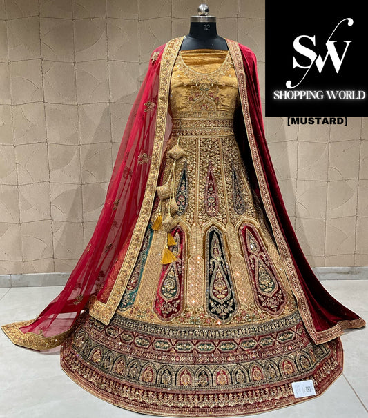 Fabulosa lehenga nupcial con doble duptta en mostaza