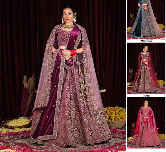 Deliciosa lehenga nupcial de doble duptta en color granate vino intenso