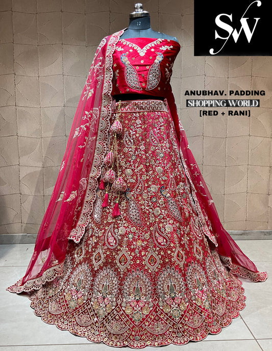 Elegante lehenga nupcial duptta doble con estampado de pavo real rojo rani