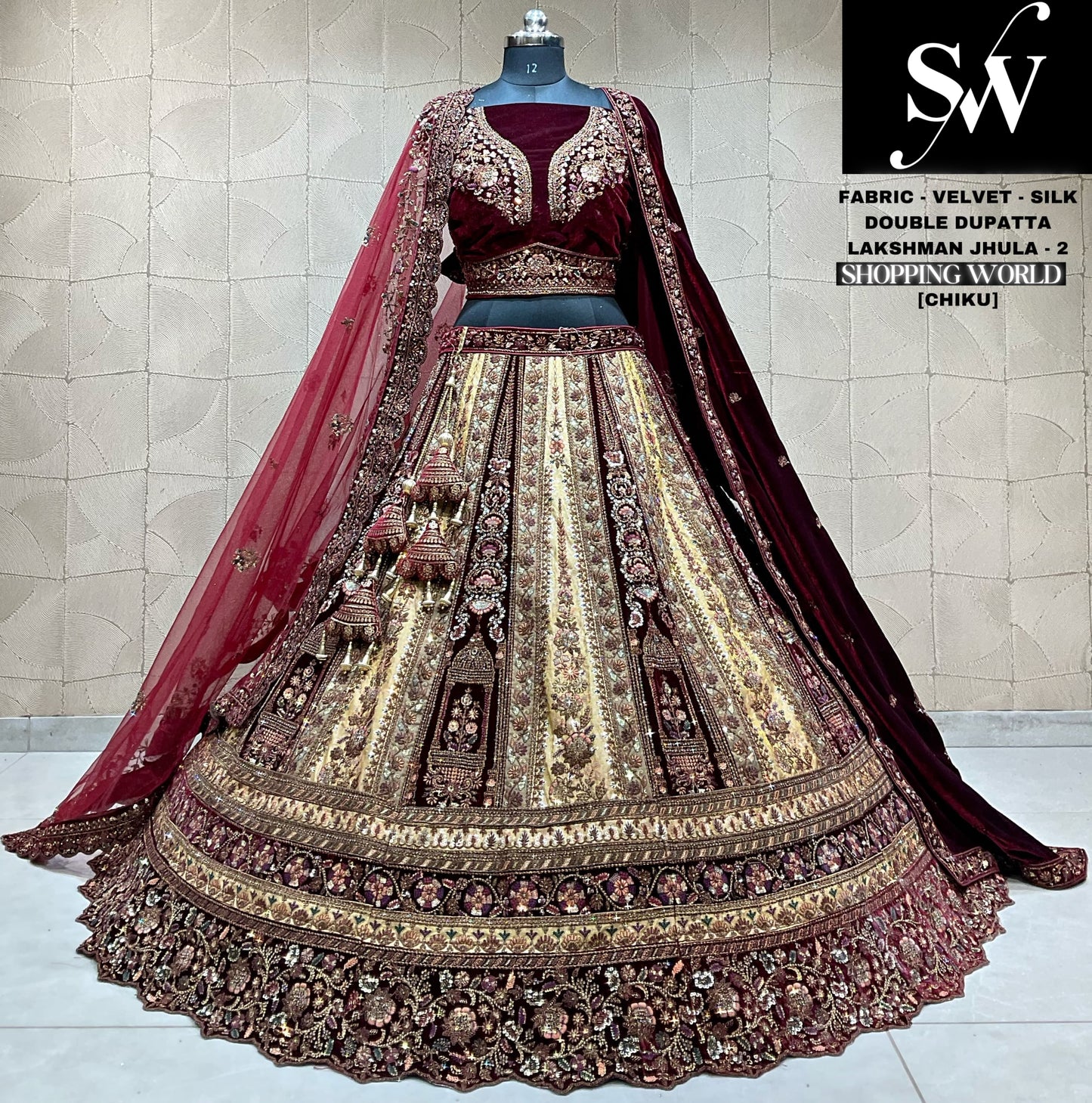 Tremendous chiku maroon double duptta bridal lehenga