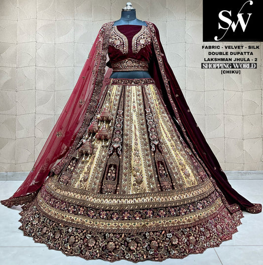 Tremenda lehenga nupcial duptta doble granate chiku granate