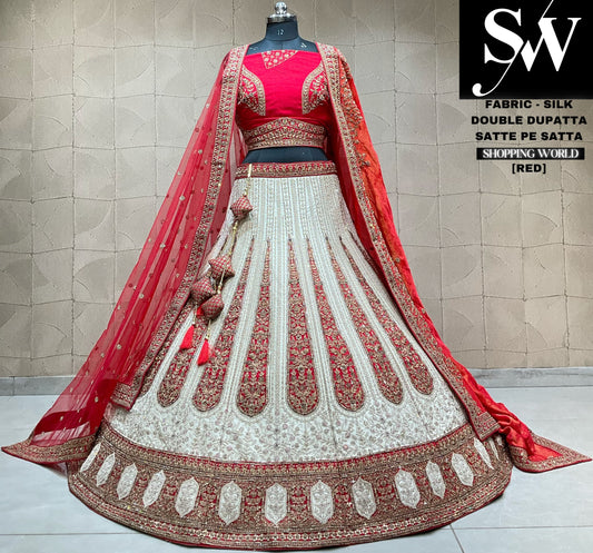 Lehenga nupcial majestuosa de doble dupatta roja