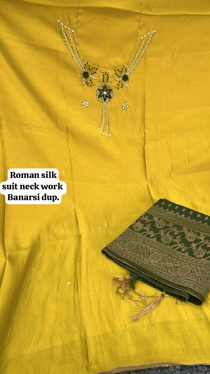 Tremendous roman silk yellow haldi mehendi women's unstitched Salwar suits dress material (free size)