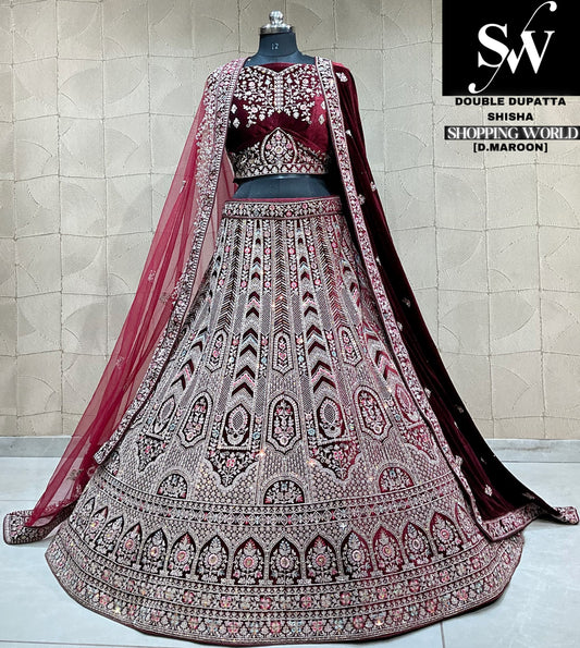 Tremendous dark maroon double dupatta bridal lehenga