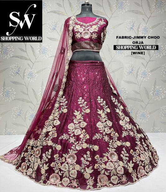 Preciosa lehenga de color rojo vino