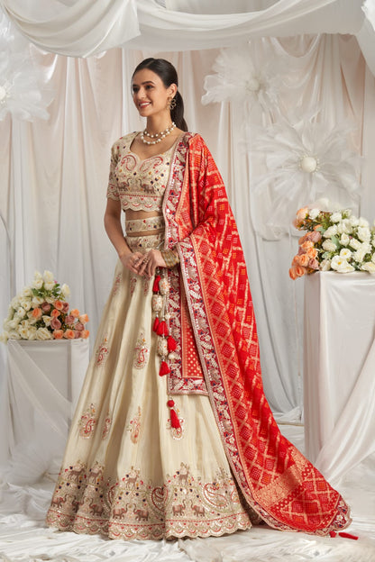 Royal white Red dupatta Lehenga