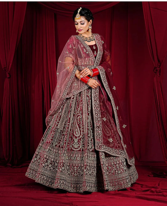 Espléndida Lehenga nupcial doble duptta granate