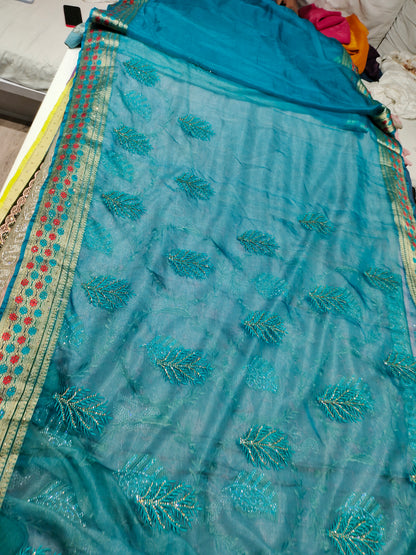 Elegant golden border blue saree