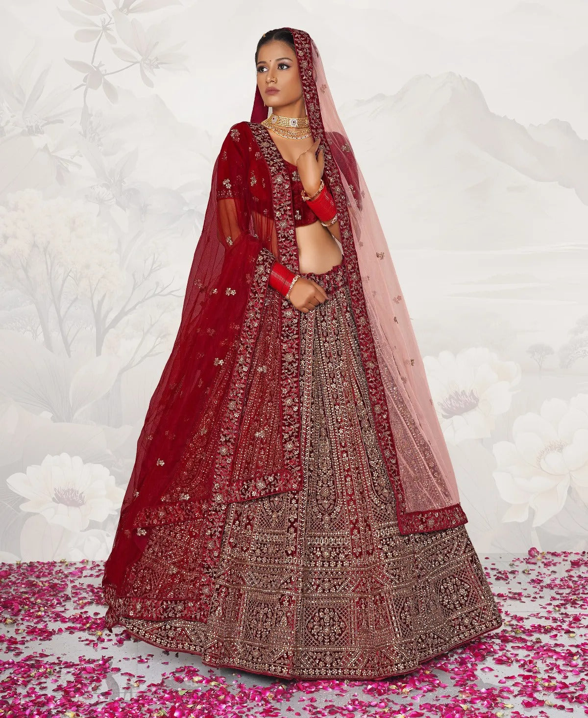 Lehenga nupcial majestuosa de doble duptta color granate