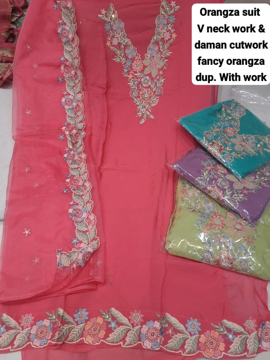 Charming baby pink organza unstitched Salwar suits dress material (free size)