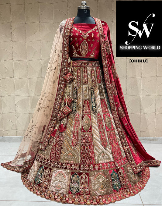 Attractive maroon chiku double duptta bridal lehenga