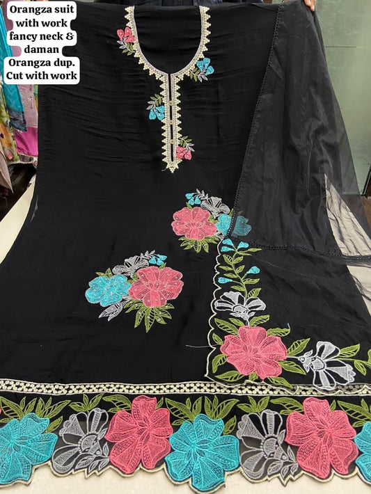 Tremendous organza black unstitched Salwar suits dress material (free size)