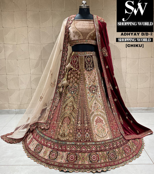 Stunning chiku golden peacock bridal lehenga