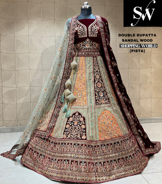 Elegante lehenga de novia con doble dupatta color granate y verde pistacho