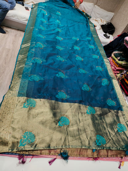 Good looking bandhani print golden border blue saree