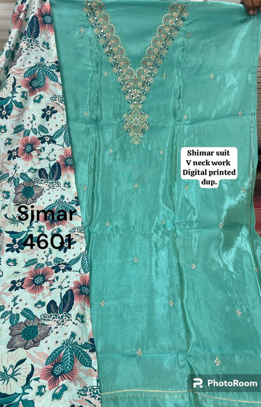 Pleasing shimar teal green unstitched Salwar suits dress material (free size)