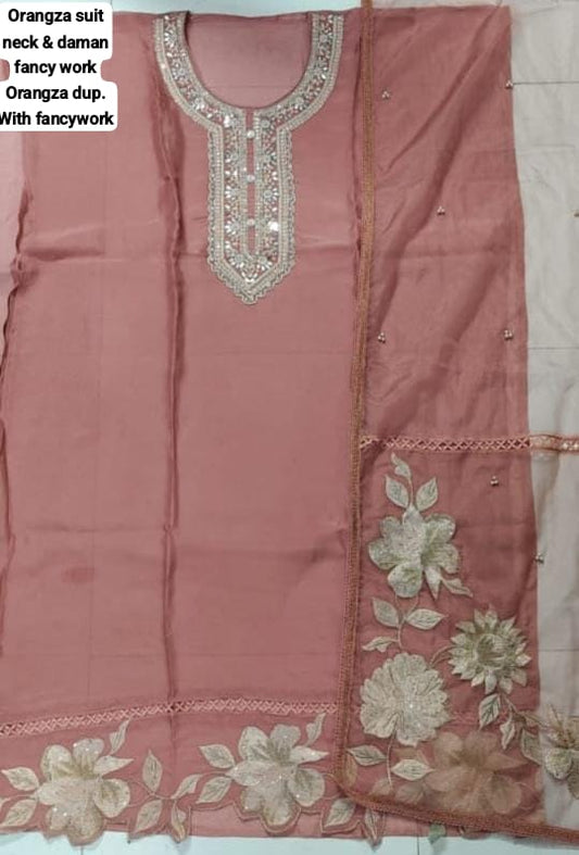 Stunning peach pink organza unstitched Salwar suits dress material (free size)