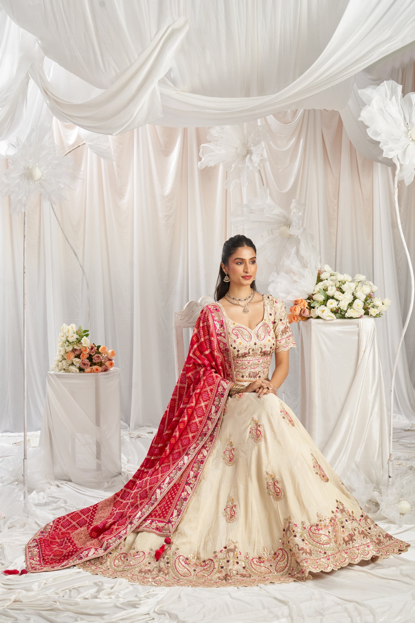 Royal white Red dupatta Lehenga