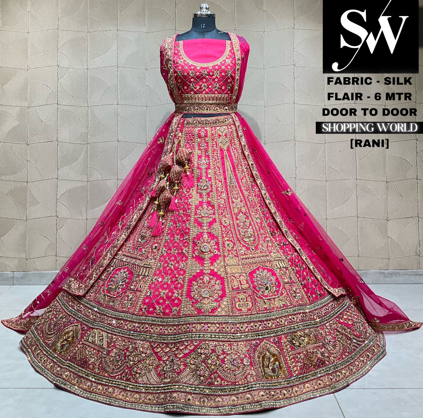 Impresionante lehenga nupcial con doble dupatta en tono rosa rani