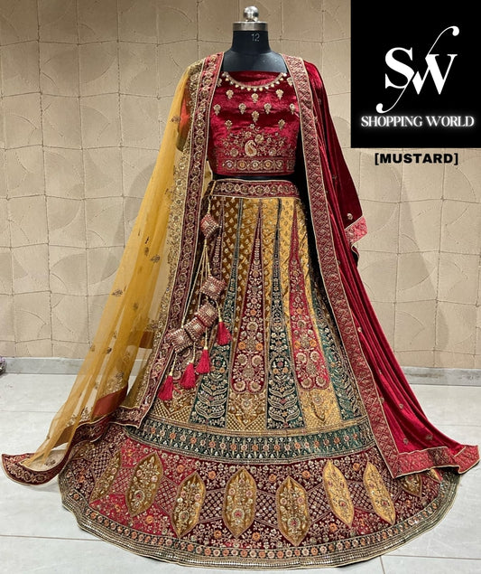 Lehenga nupcial duptta doble color mostaza espectacular