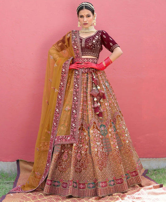 राजसी सुनहरा सरसों दुल्हन lehenga