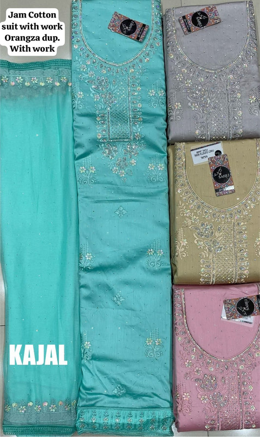 Something different green blue jam cotton unstitched Salwar suits dress material (free size)