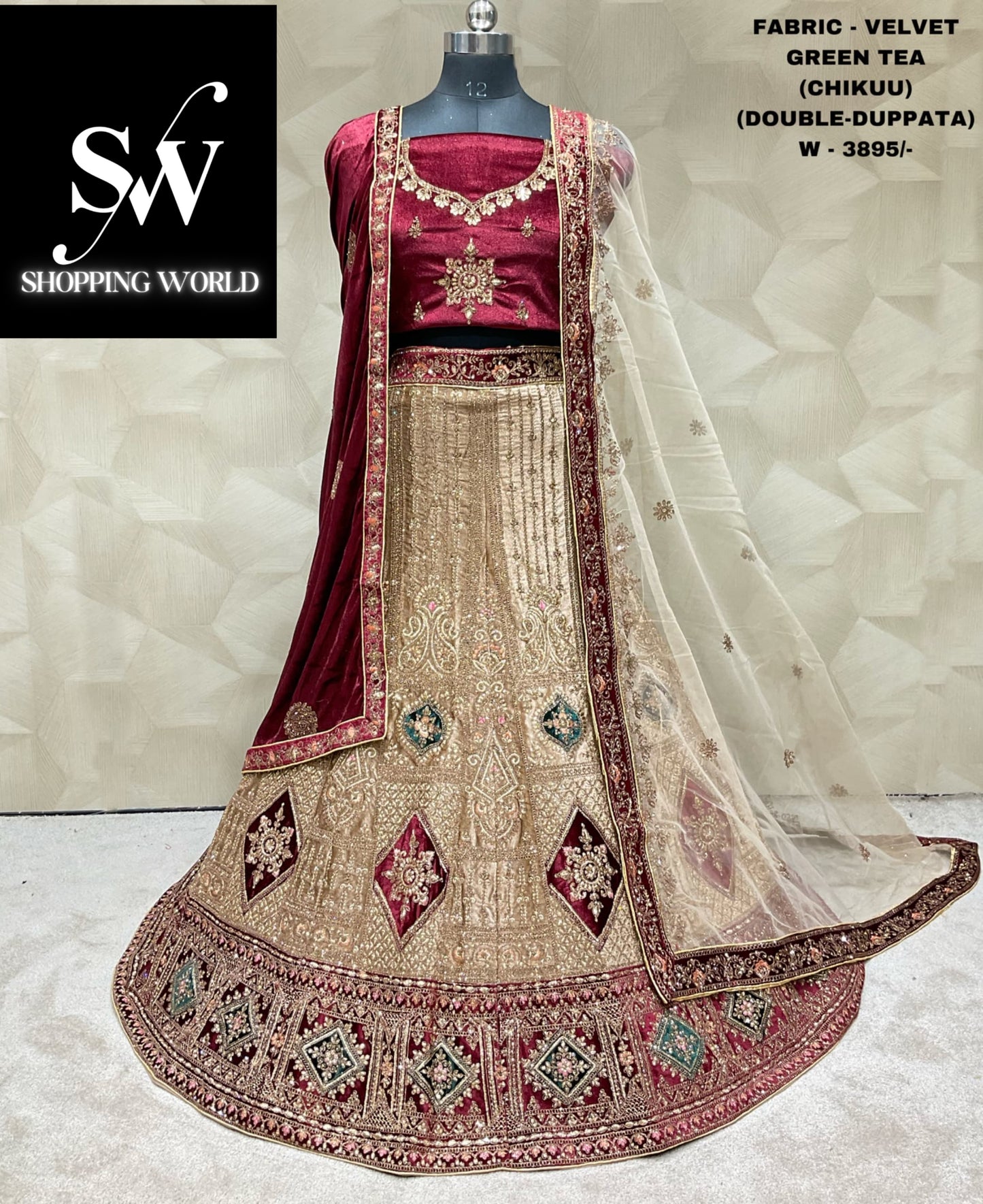 Charming maroon beige double duptta bridal lehenga