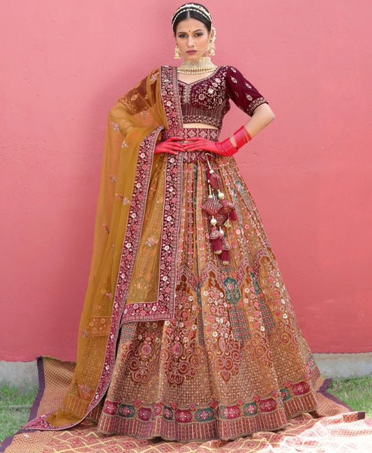 Delightful maroon mustard bridal Lehenga