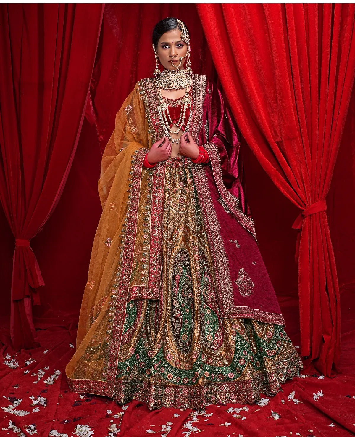 Fabulous golden maroon double duptta bridal Lehenga