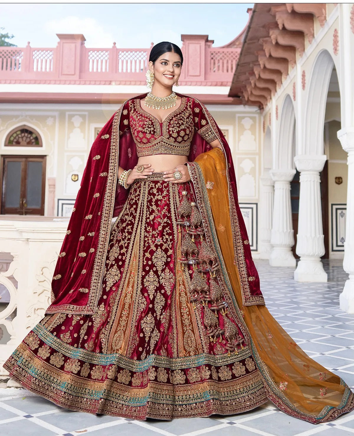 Awesome mustard maroon double duptta bridal Lehenga