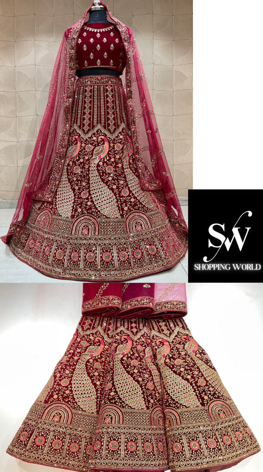 Extraordinaria lehenga nupcial color granate pavo real