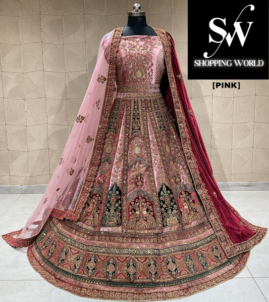 Espléndida lehenga nupcial doble dupta rosa