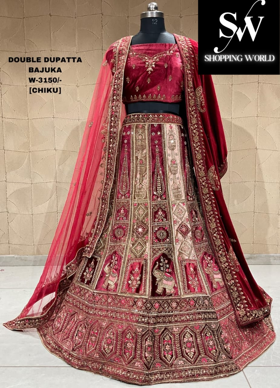 Stunning gajraj maroon chiku double duptta bridal lehenga