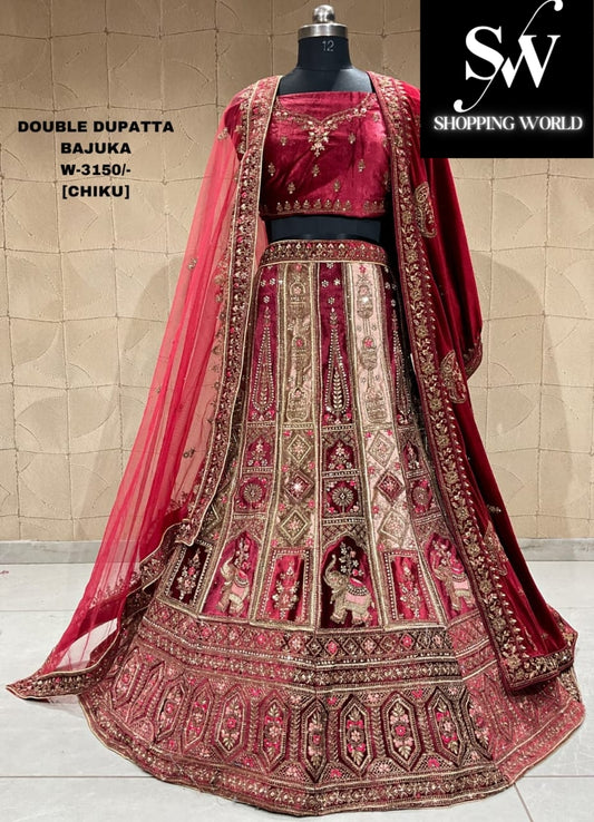 Impresionante lehenga nupcial gajraj granate chiku doble duptta