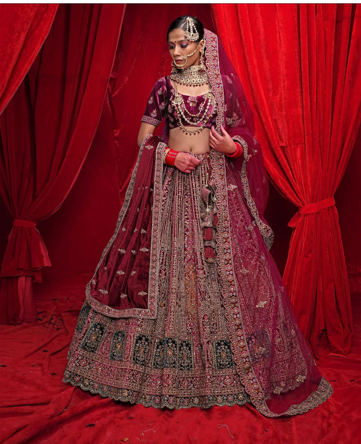 Beautiful maroon double duptta bridal Lehenga