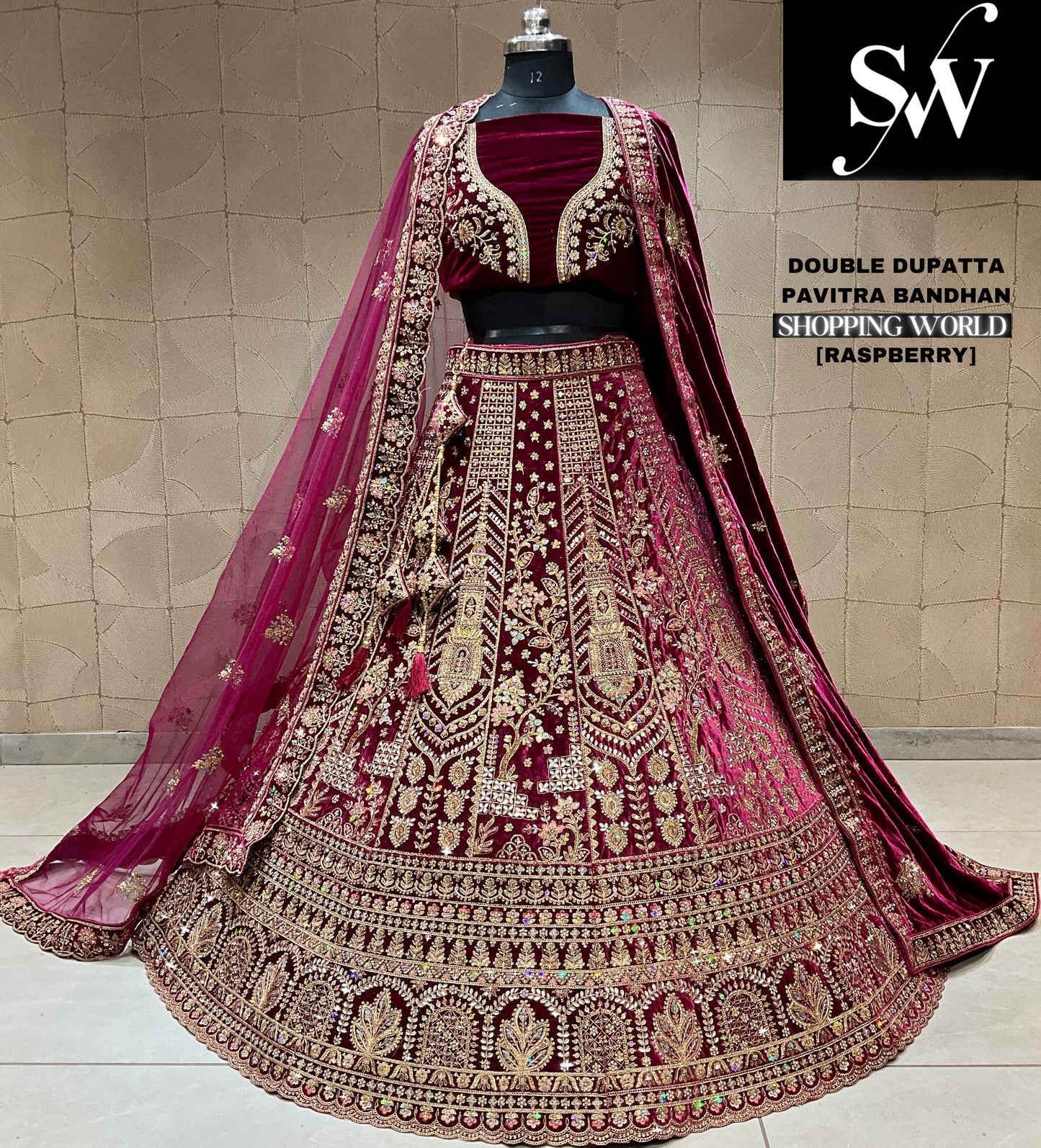 Fantastic raspberry maroon double dupatta bridal lehenga