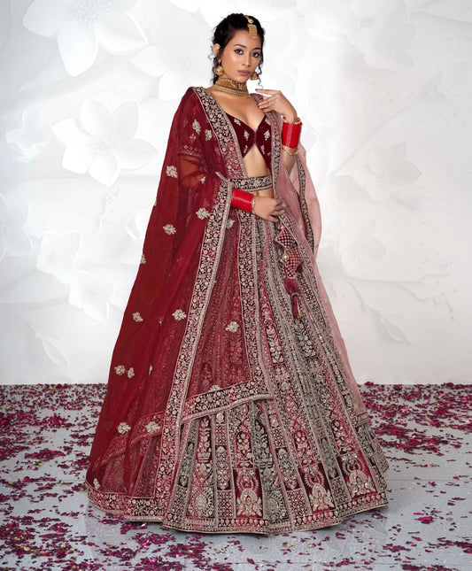 Atractiva lehenga nupcial duptta doble color granate