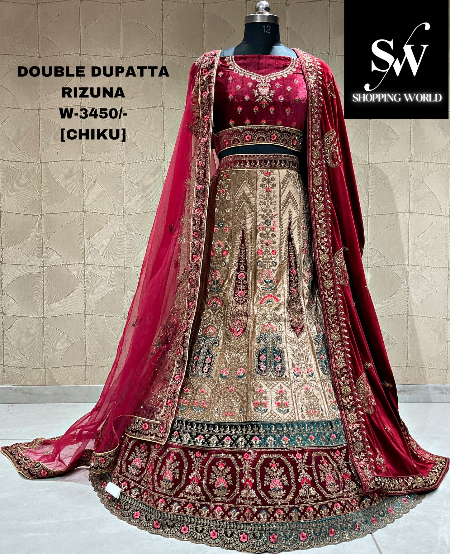 Awesome maroon chiku double duptta bridal lehenga