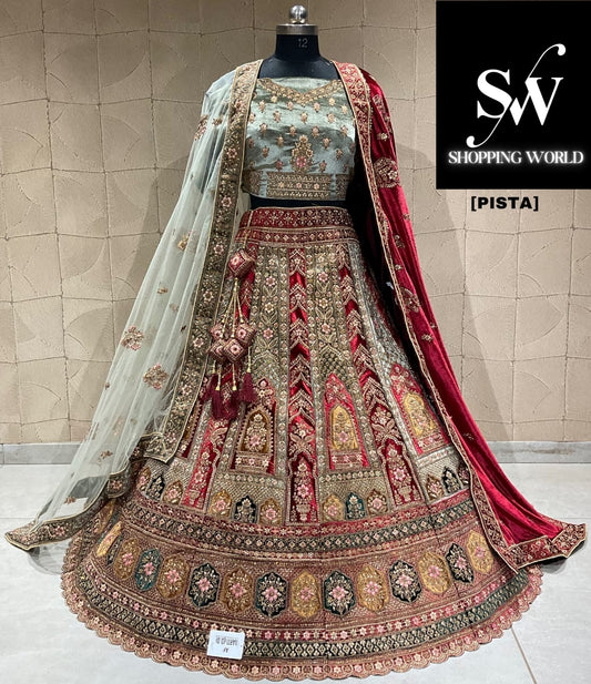 Lehenga nupcial con doble duptta en verde pista llamativo