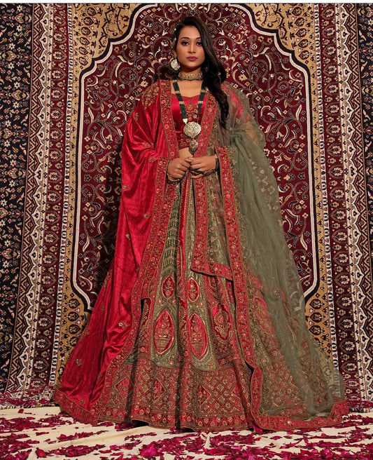 Beautiful green maroon double duptta bridal Lehenga