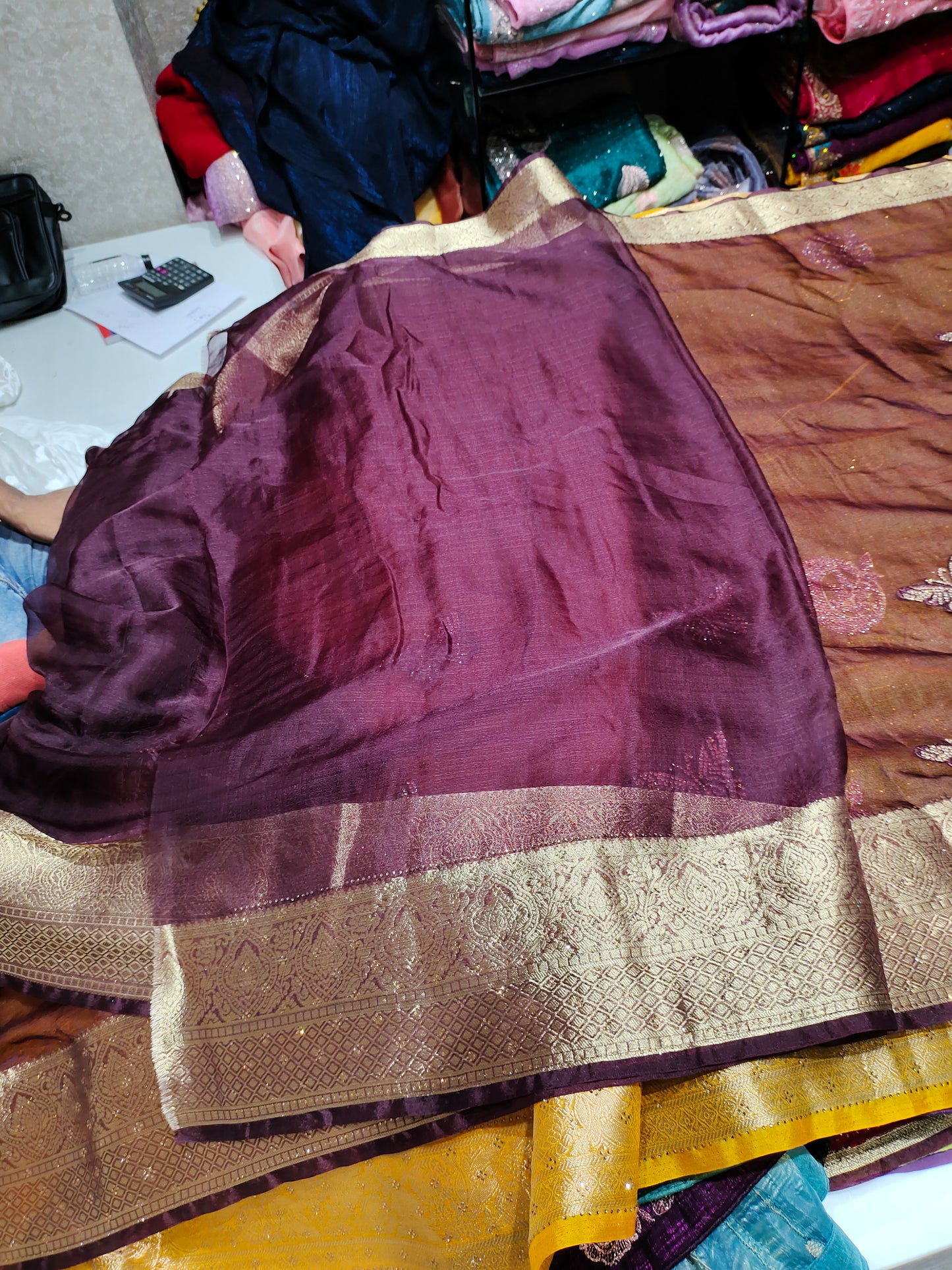 Designer golden border purple violet saree